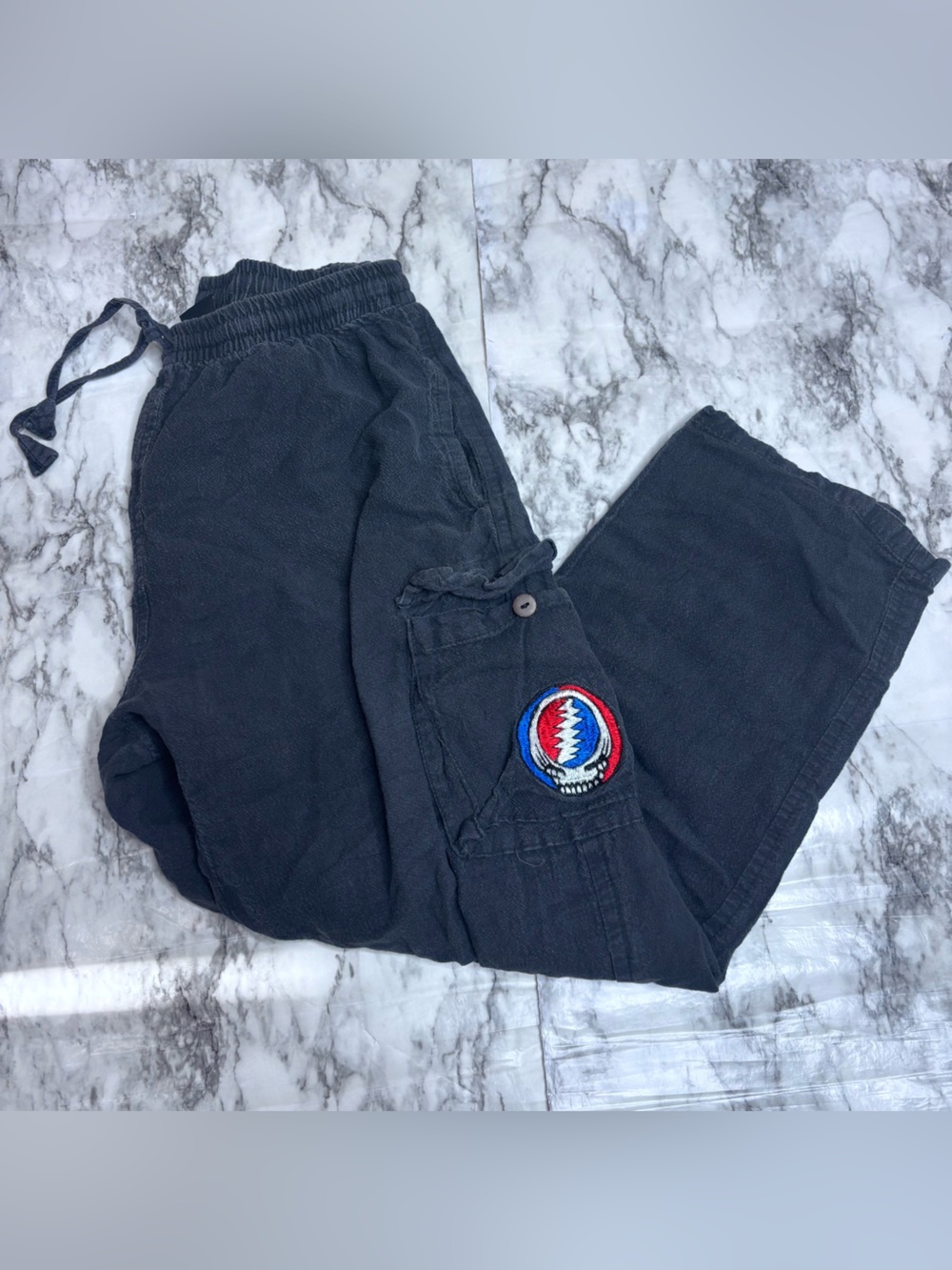 Shop Therapy Greatful Dead Black Wide Leg Cargo Pants Embroidered Badge LARGE
